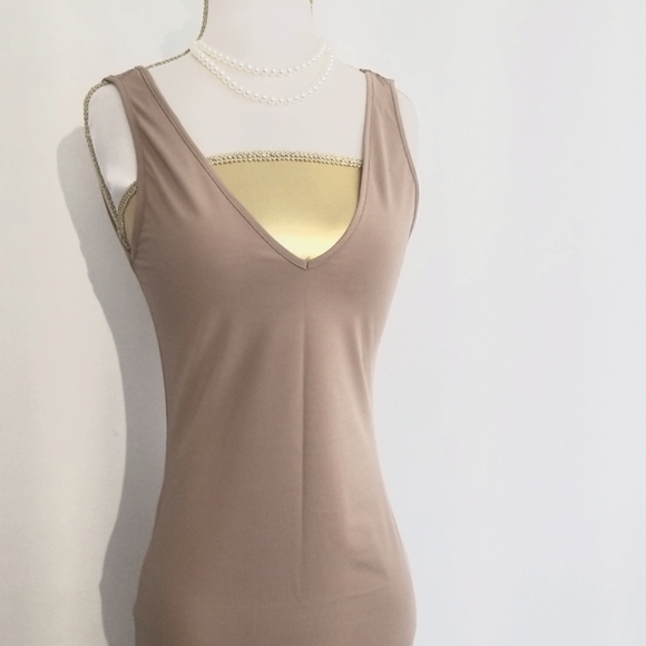 ZARA W/B Collection Nude Tan V-Neck Sleeveless Bodycon Midi Dress - Picture 2 of 10